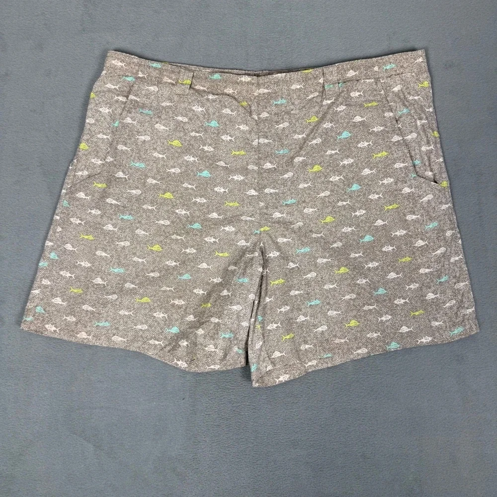 Columbia PFG Mens Fish Print Fishing Shorts Brown Tan FM4010 Size Medium 6L